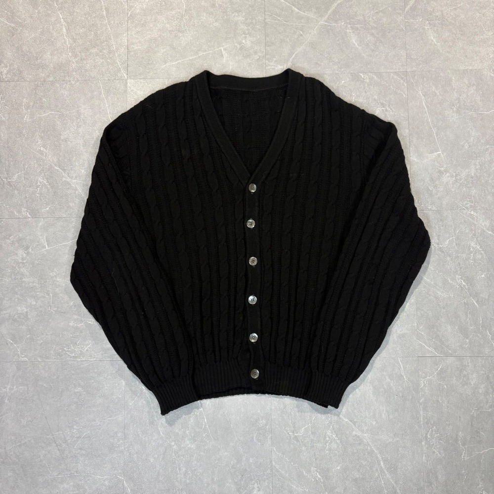 Womens Black Cable Knit V-Neck Button Front Cardigan Sweater Solid Ribbed Trim